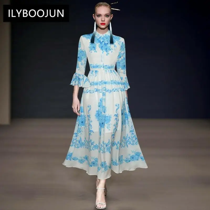 Fashion Runway Autumn Midi Dress Women's Turn-down Collar Blue Floral print Long Elegant Holiday Party Dress
Fashion Runway Autumn Midi Dress Women's Turn-down Collar Blue Floral print Long Elegant Holiday Party Dress