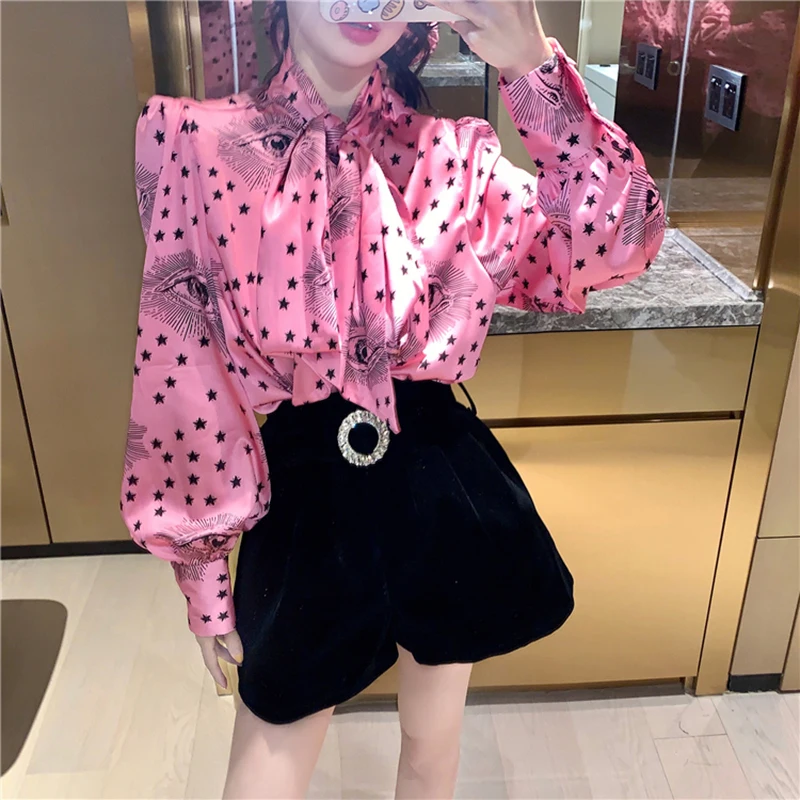 TWOTWINSTYLE Printed Chiffon Shirt For Women Bow Collar Lantern Sleeve Lace Up Casual Elegant Blouse Female Fashion New Stylish | Женская