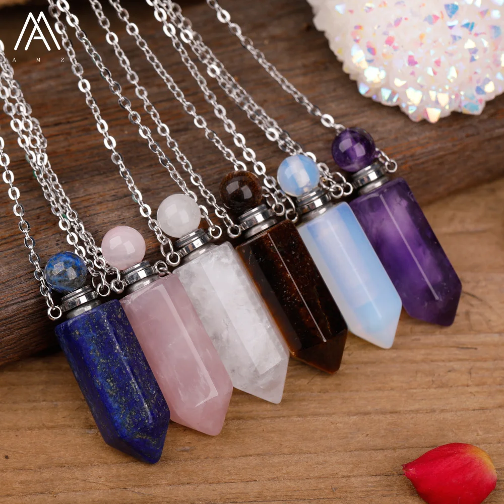 

Crystal Point Perfume Bottle Healing Chakra Gemstones Pendant Necklace Women Roses White Crystal Essential Oil NJewelry Dropship