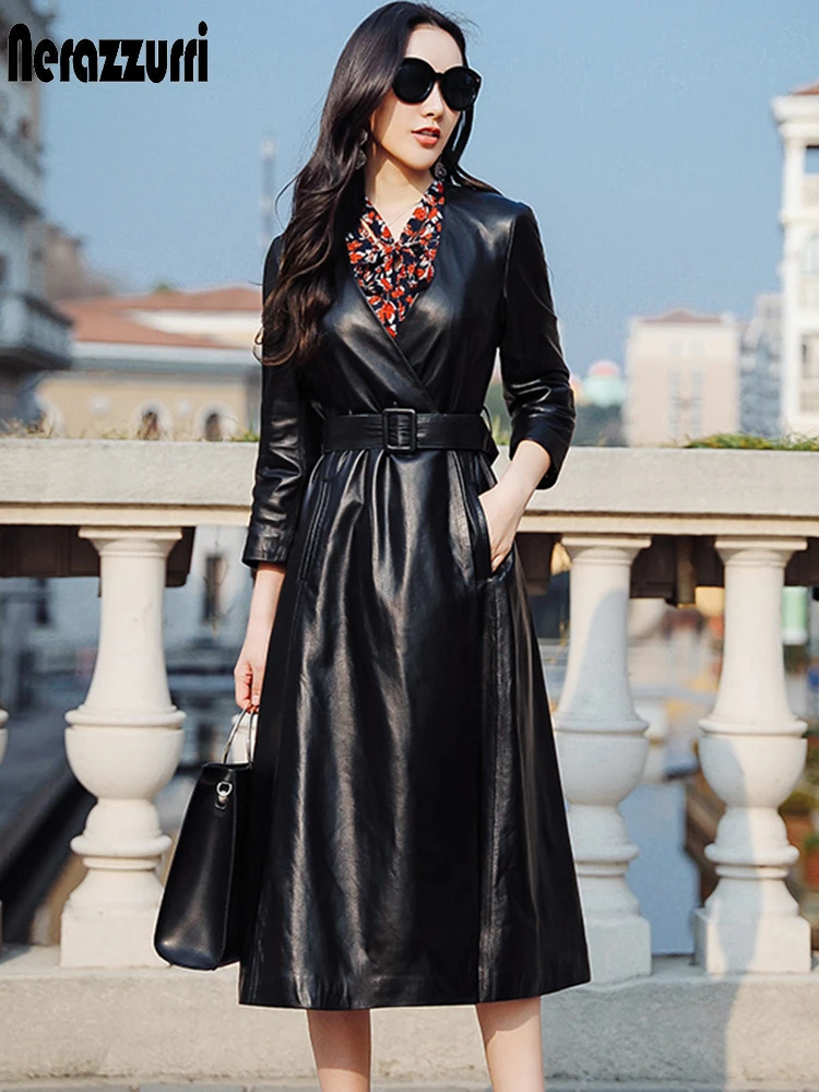 Nerazzurri Autumn Long Black Leather trench coat for women 2021 3/4 sleeve deep v neck belt Stylish Soft PU leather Overcoat
Nerazzurri Autumn Long Black Leather trench coat for women 2021 3/4 sleeve deep v neck belt Stylish Soft PU leather Overcoat