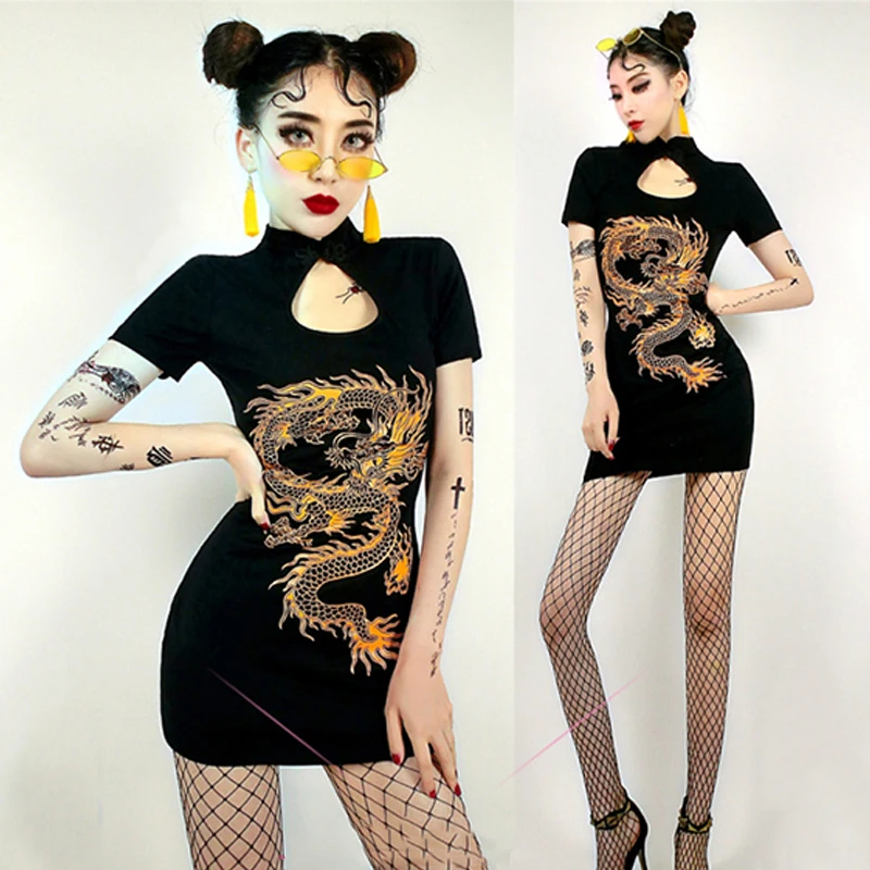 Bar Stage Gogo Dance Costume Sexy Cheongsam Chinese Style Yellow Dragon Black Minidress Short Sleeve Dj Singer Clothing DNV14900
Bar Stage Gogo Dance Costume Sexy Cheongsam Chinese Style Yellow Dragon Black Minidress Short Sleeve Dj Singer Clothing DNV14900