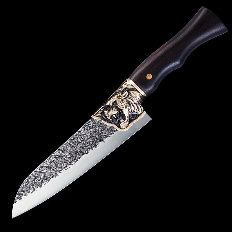 

Longquan Knife Cleaver Barbecue Slicing 8 Inch Copper Tiger Decor Handmade Forged Steel Kitchen Sushi Japanese Santoku Knife