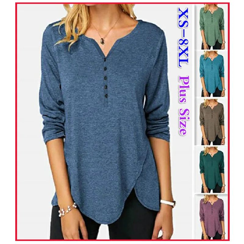 2021 V-Neck Long Sleeve Solid Color Women T-Shirt Fashion Casual Loose Plus Size Tops Cotton Irregular Button Trending Pullover
2021 V-Neck Long Sleeve Solid Color Women T-Shirt Fashion Casual Loose Plus Size Tops Cotton Irregular Button Trending Pullover