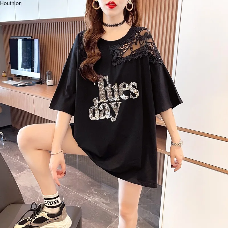 Cotton Loose Plus Size Women's T-shirt New Fashion Tshirt Casual Short Sleeve Tees Lace Letter O-neck Summer Clothing Houthion
Cotton Loose Plus Size Women's T-shirt New Fashion Tshirt Casual Short Sleeve Tees Lace Letter O-neck Summer Clothing Houthion