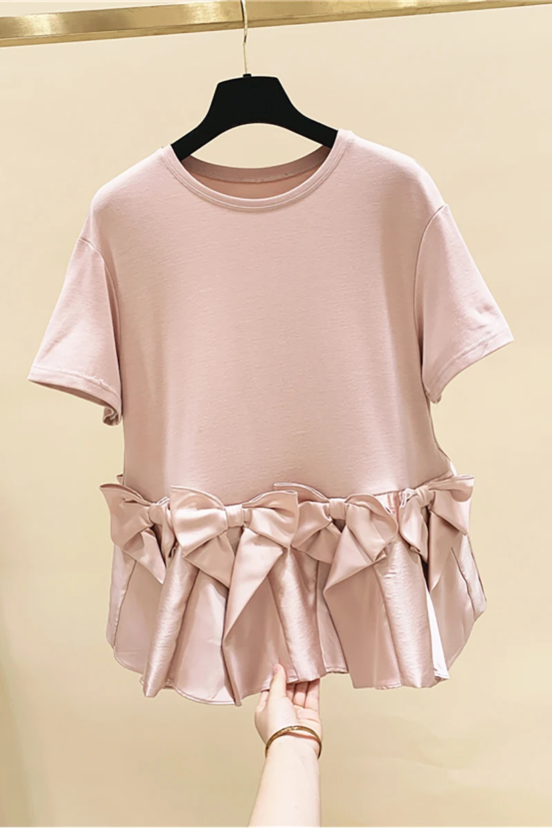 Bow Stitching Loose Short-Sleeved T-shirt Women's Top 2021 Summer Tshirt Clothing O-neck Pink White T-shirts Girls Tshirt Tops
Bow Stitching Loose Short-Sleeved T-shirt Women's Top 2021 Summer Tshirt Clothing O-neck Pink White T-shirts Girls Tshirt Tops