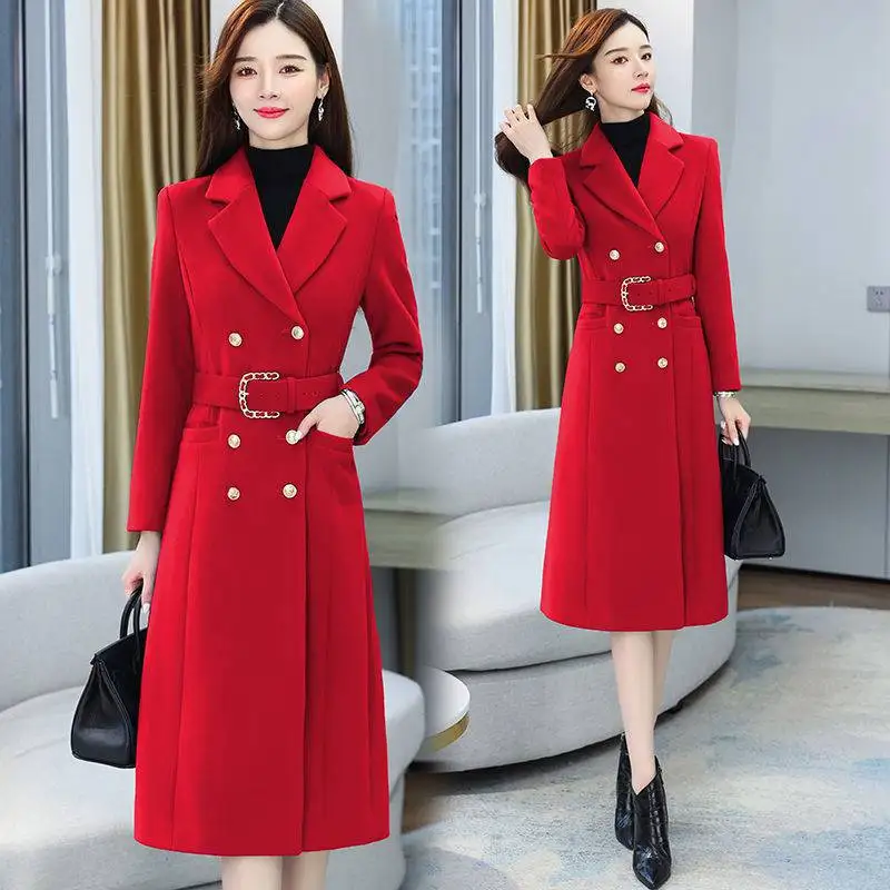 Double-Breasted Woolen Coats Women's Mid-Length Wool Blended Autumn Winter Coat Blue Red Windbreaker Overcoat With Belt Female
Double-Breasted Woolen Coats Women's Mid-Length Wool Blended Autumn Winter Coat Blue Red Windbreaker Overcoat With Belt Female