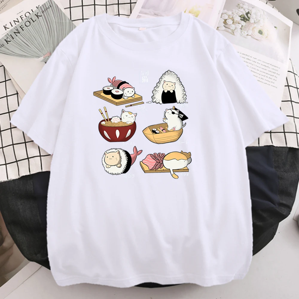 Женские рубашки с рисунком суши и кота Повседневная безразмерная футболка