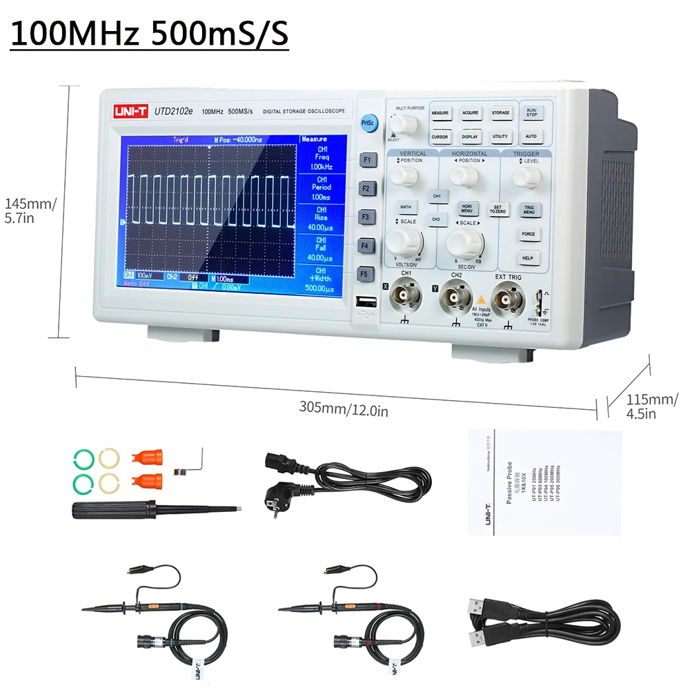 

100MHz UTD2102e Digital Bench Oscilloscope Logic Analyzer Bandwidth 2 Channels 500Ms/S Storage Portable 7" TFT LCD Scopemeter