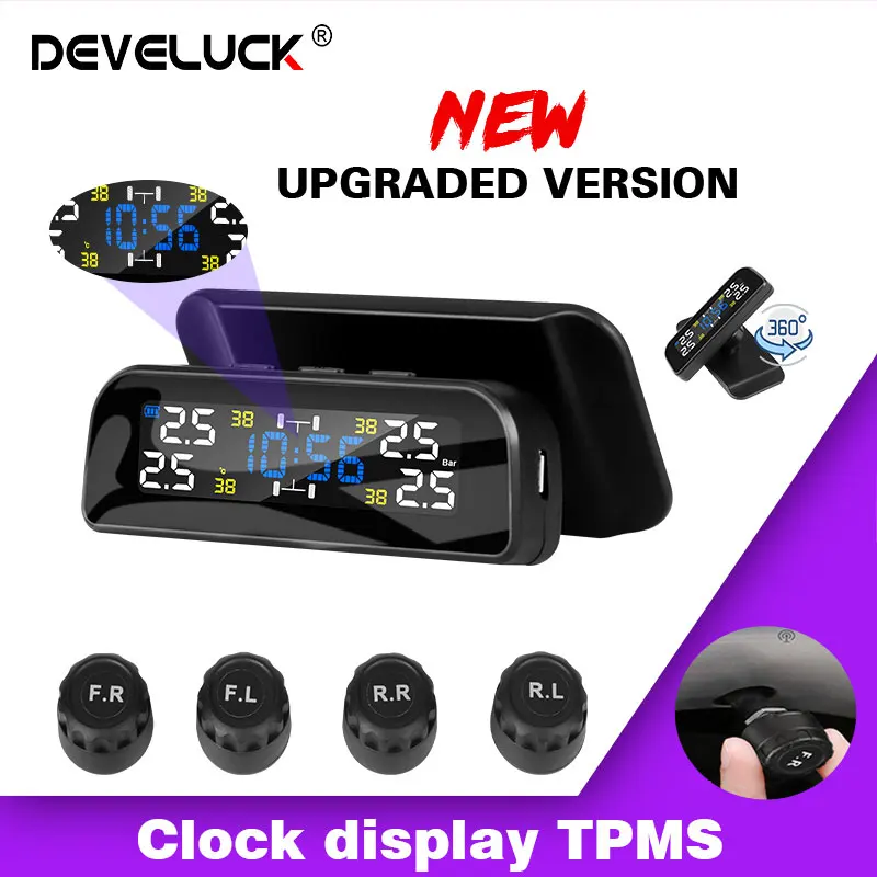 DEVELUCK General TPMS solar brand new clock LCD display car tire pressure monitoring alarm system 4 built-in external sensors
DEVELUCK General TPMS solar brand new clock LCD display car tire pressure monitoring alarm system 4 built-in external sensors