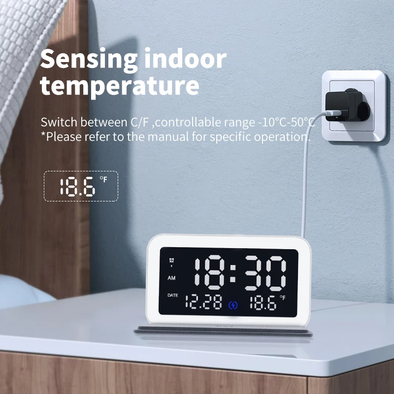 1pc New LED Electric Alarm Clock With Phone Wireless Fast Charging Desktop Digital Thermometer Clock HD Clock With Time Memory
1pc New LED Electric Alarm Clock With Phone Wireless Fast Charging Desktop Digital Thermometer Clock HD Clock With Time Memory