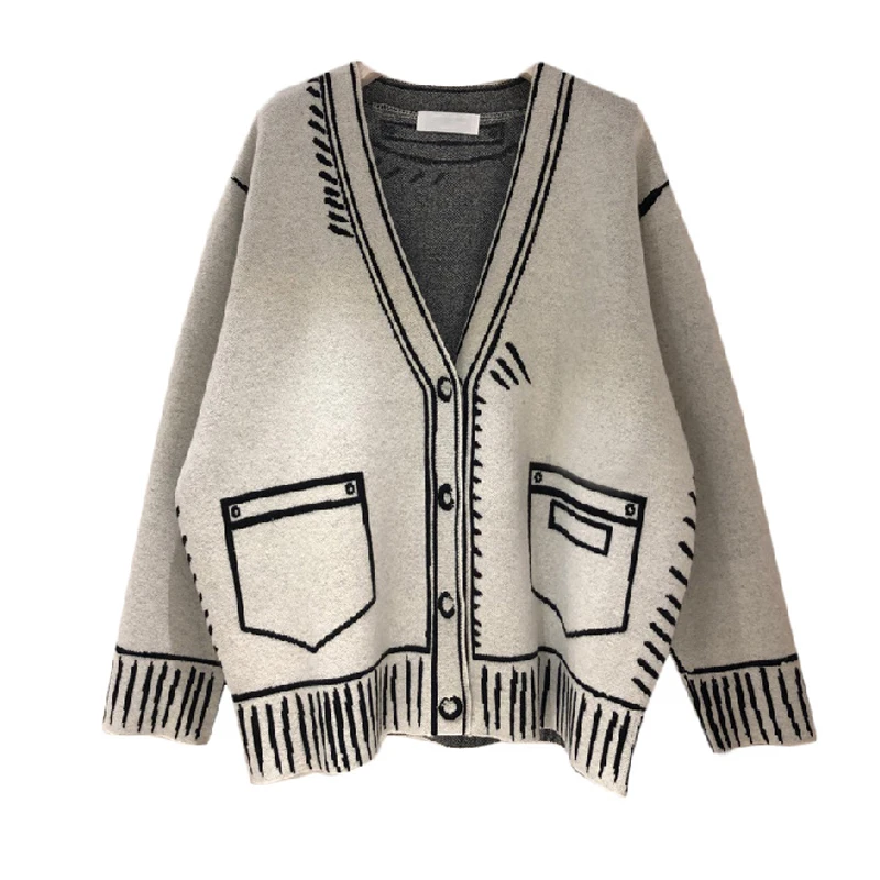 Women Chic Print V-Neck Long Sleeve Sueter Coat Streetwear Pull Femme Winter Korean Fashion Cardigan Casual Loose Knit Sweater 
Women Chic Print V-Neck Long Sleeve Sueter Coat Streetwear Pull Femme Winter Korean Fashion Cardigan Casual Loose Knit Sweater