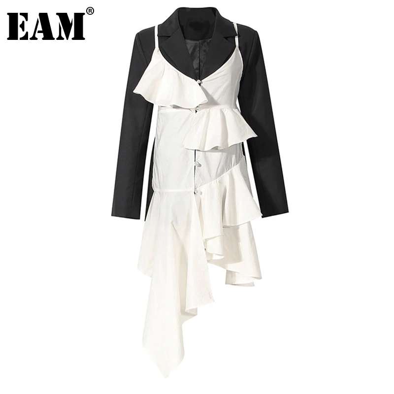 

[EAM] Women Black Ruffles Irregular Belted Blazer New Lapel Long Sleeve Loose Fit Jacket Fashion Spring Autumn 2022 1DE2925
