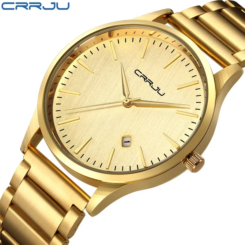 

CRRJU 2135 Luxury Brand Men Watch Full Steel Ultra-Thin Mesh Belt Clock Fashion Quartz Casual Male Sports Date Wristwatches