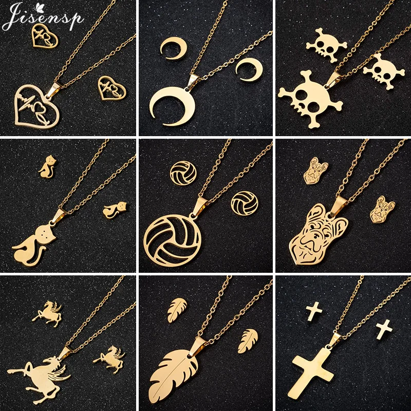 Gold Stainless Steel Jewelry Sets Punk Basketball Heartbeat Necklace Earrings for Women Fashion Cat Horse Earings Gift New 2021
Gold Stainless Steel Jewelry Sets Punk Basketball Heartbeat Necklace Earrings for Women Fashion Cat Horse Earings Gift New 2021