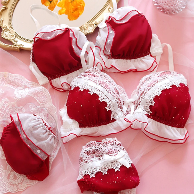 

Star Bow Lace No Rims Bra Bra & Brief Sets Japanese Lolita Maiden Underwear Red Christmas Pure Cotton Crotch Ventilate Briefs