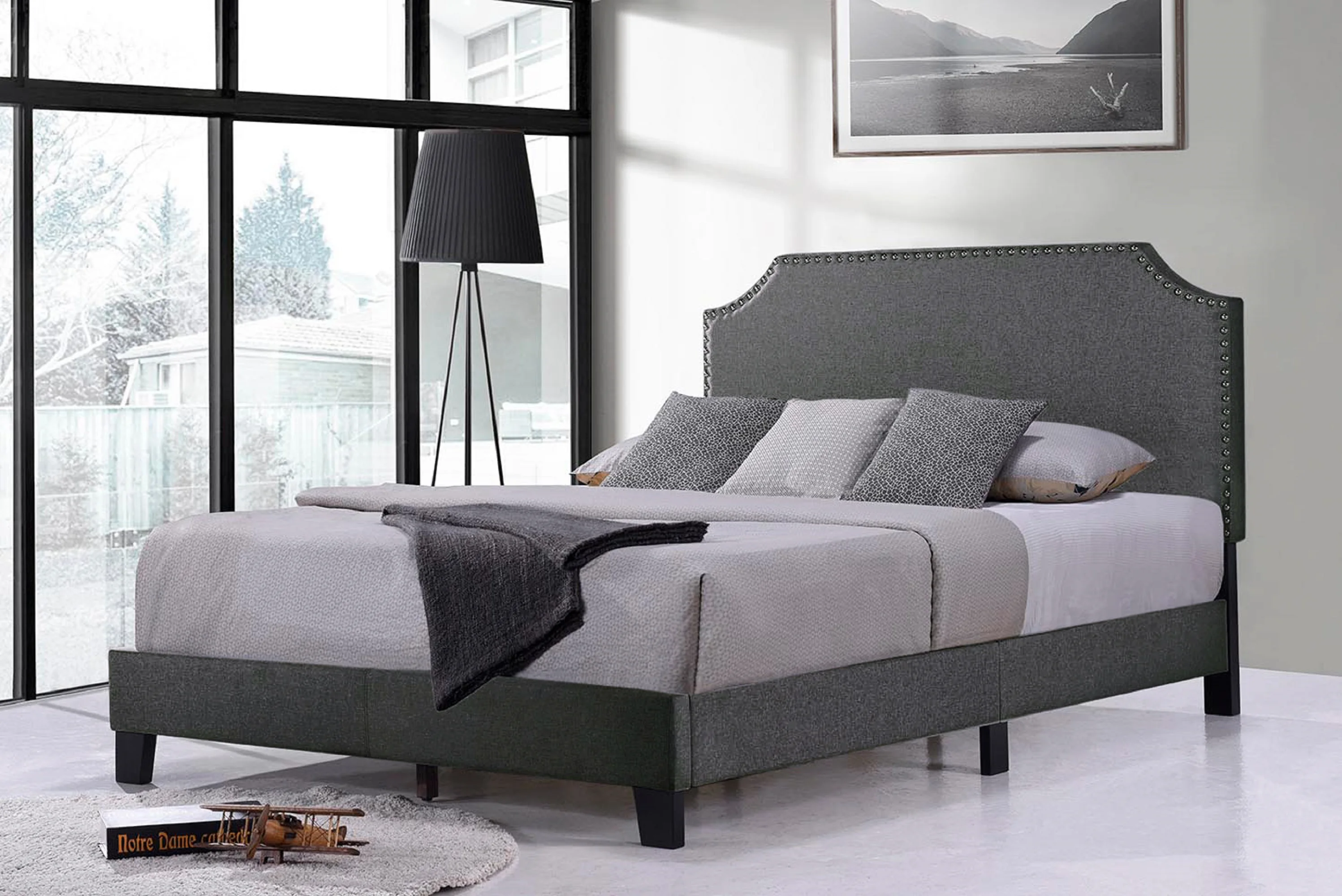 Upholstered Platform Bed Frame with Nailhead Trim Headboard and Wood Slats, Full Size, Dark Grey 
Upholstered Platform Bed Frame with Nailhead Trim Headboard and Wood Slats, Full Size, Dark Grey