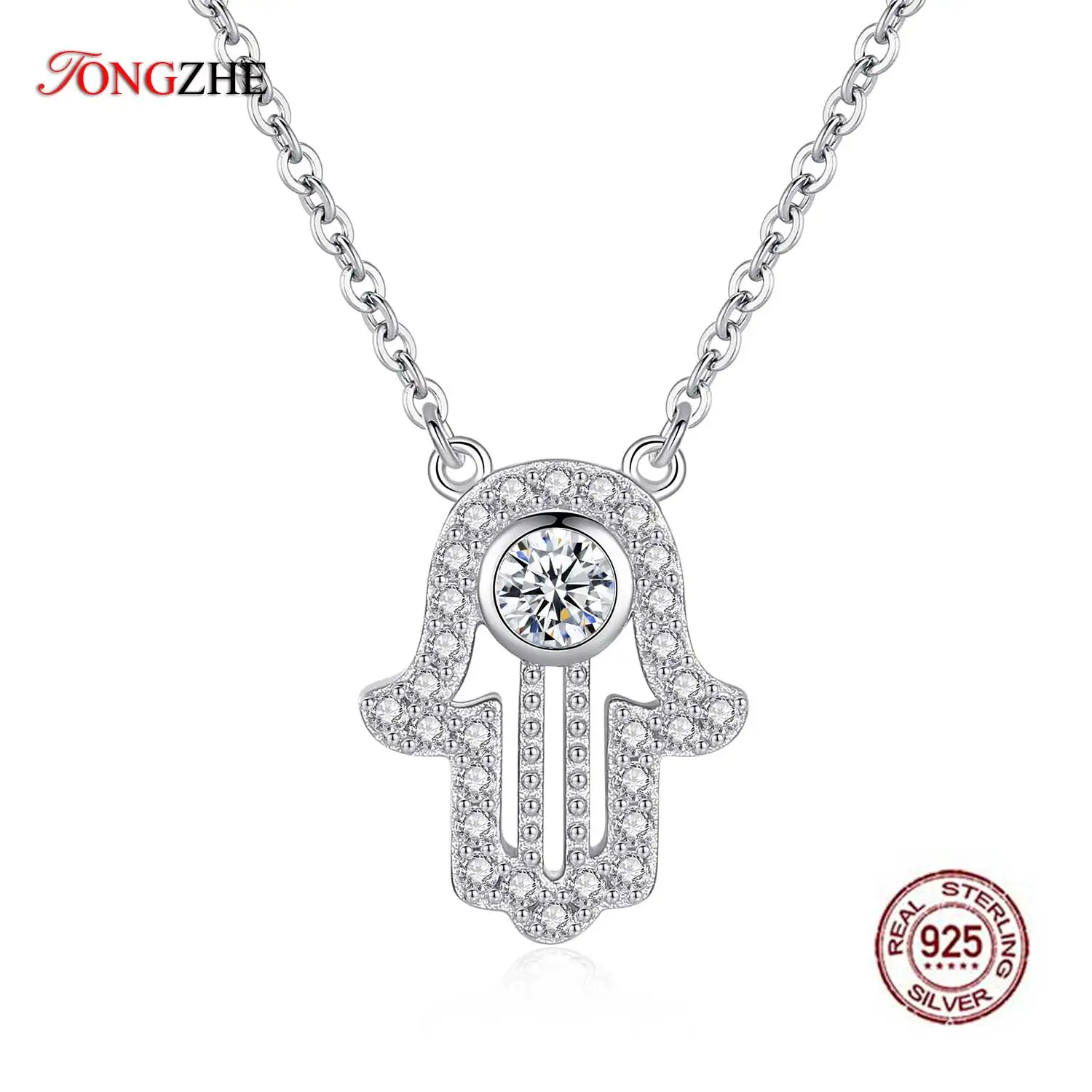 

TONGZHE Lucky Hand Hamsa 925 Sterling Silver Necklace Women Lucky Fatima Long Chain Initial Necklace Turkey Jewelry Gift