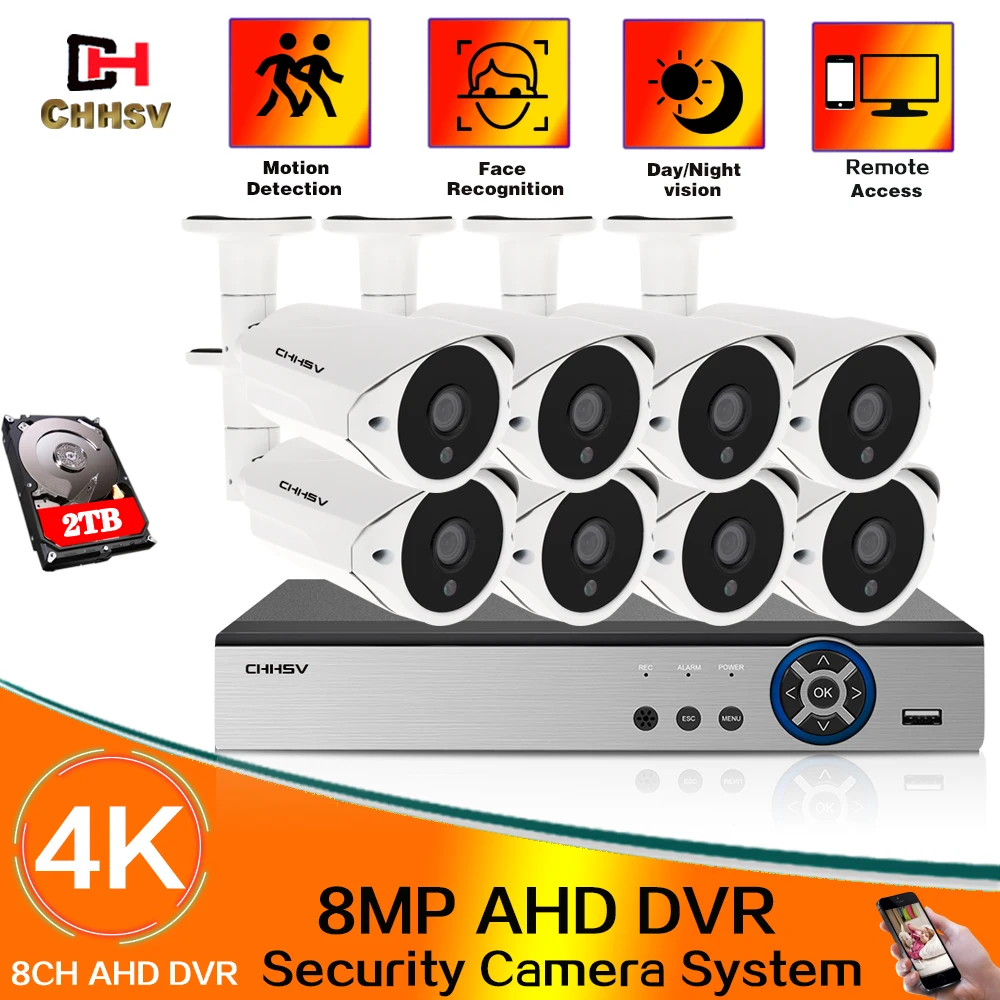 

8CH 4K HDMI DVR NVR Kit CCTV Security System 8.0MP Indoor Outdoor Audio Record DVR HD Camera Video Surveillance Set 2TB HDD