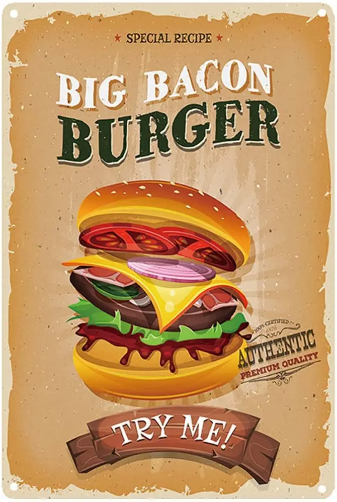 Original Retro Design Tin Metal Sign Wall Art | Big Bacon Burger | Thick Tinplate Print Poster Wall Decoration for Kitchen/Res
Original Retro Design Tin Metal Sign Wall Art | Big Bacon Burger | Thick Tinplate Print Poster Wall Decoration for Kitchen/Res