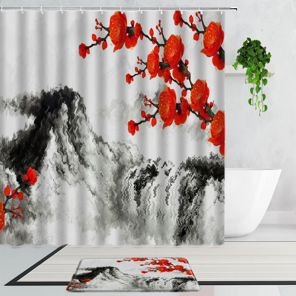 Chinese Ink Painting Shower Curtains Red Plum Mountain Water Landscape 3D Printing Bathroom Curtain Set Non-Slip Bath Mat Carpet
Chinese Ink Painting Shower Curtains Red Plum Mountain Water Landscape 3D Printing Bathroom Curtain Set Non-Slip Bath Mat Carpet