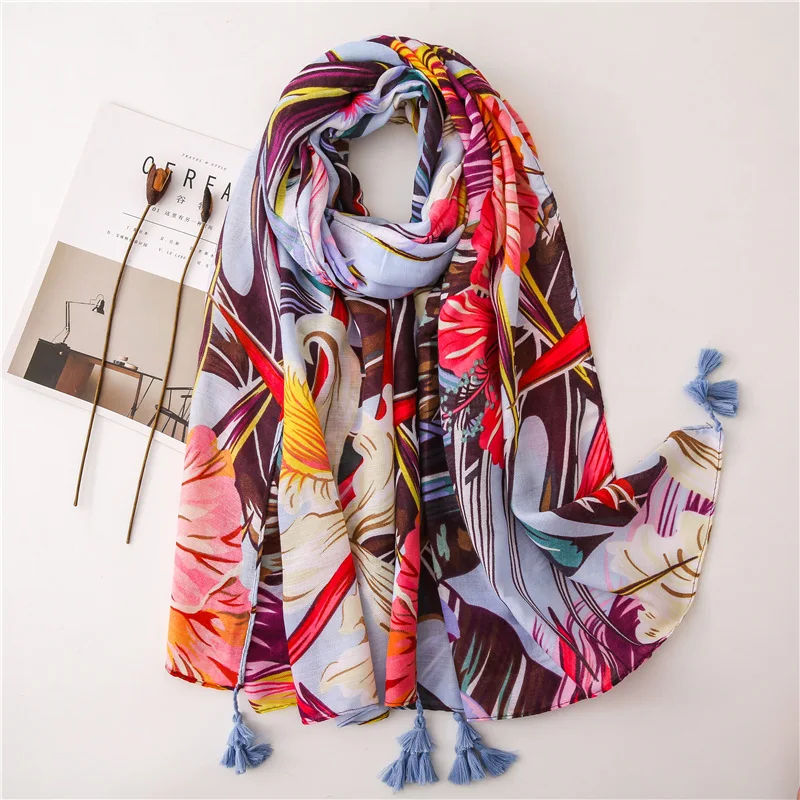 

Женский солнцезащитный шелковый шарф, зимний хлопковый и льняной шарф, модная цветная шаль с кисточками и цветами, пылезащитное пляжное пол...