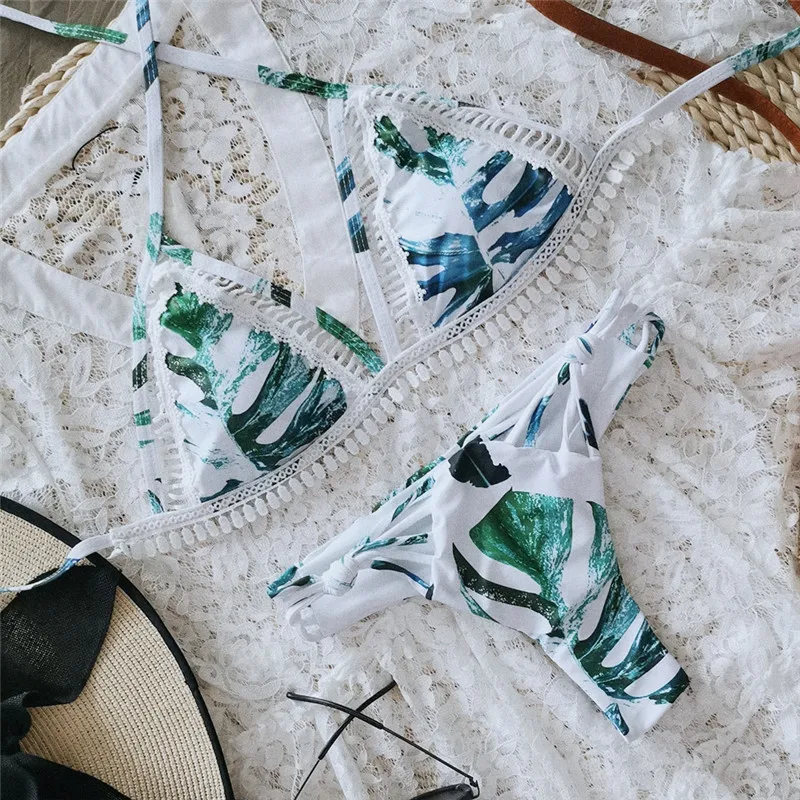 Fors Leave print bikini set Triangle halter swimwear women Lace hollow out swimsuit female Knot bandage bathing suit swim wear 
Fors Leave print bikini set Triangle halter swimwear women Lace hollow out swimsuit female Knot bandage bathing suit swim wear