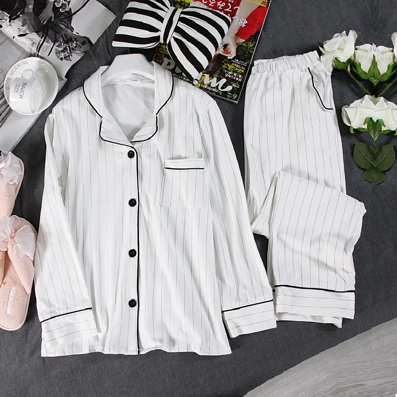 White Striped Pajamas Sets Trousers Women Cotton Long Sleeve Slim Top Sleepwear Suit Casual Homewear Lounge Pants Suits 2 Piece
White Striped Pajamas Sets Trousers Women Cotton Long Sleeve Slim Top Sleepwear Suit Casual Homewear Lounge Pants Suits 2 Piece