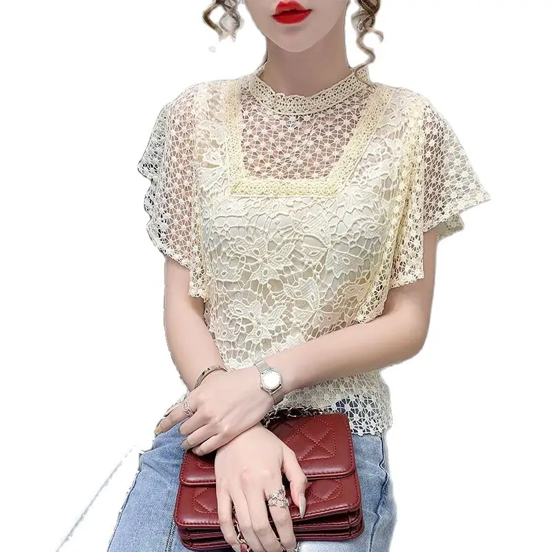 Lace Top Women Elegant Women's Hollow Crochet Irregular Short Sleeve Top With Fluffy Sleeve Chic Blouse Women Blouses Fashion
Lace Top Women Elegant Women's Hollow Crochet Irregular Short Sleeve Top With Fluffy Sleeve Chic Blouse Women Blouses Fashion