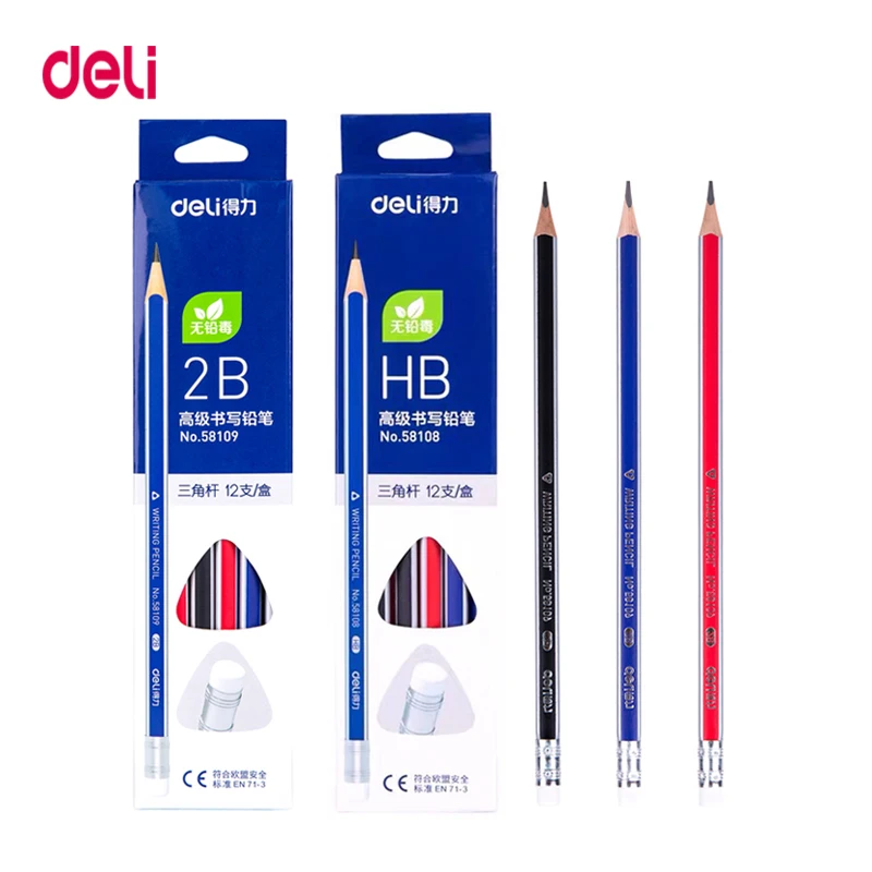 Deli 12 шт./компл. деревянный свинцовый карандаш с ластиком HB 2B черный детский для