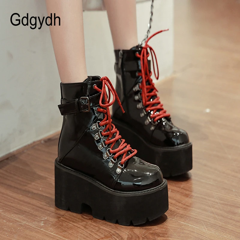 

Gdgydh Platform Boots Women Gothic Buckle Strap Wedge Chunky Boots Lace Up Patent Leather Punk EMO Shoes Halloween Gift College