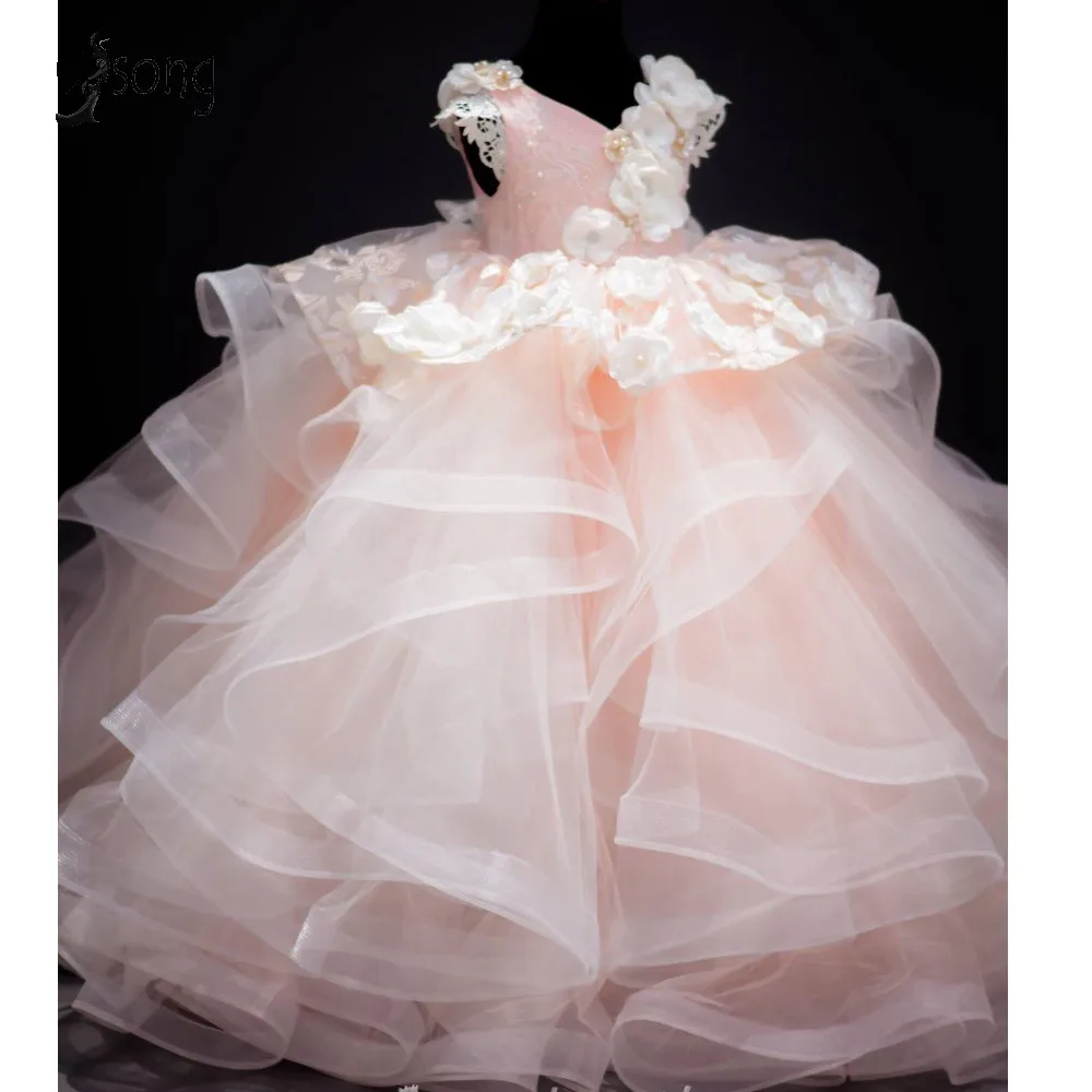 Детское розовое Пышное Платье для девочек кружевное платье с 3D цветами и