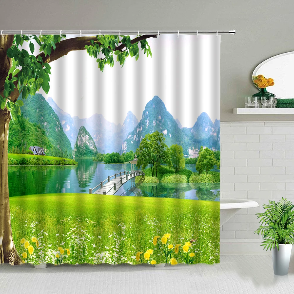 

Ландшафтная занавеска для душа s, горы и реки, Цветочное дерево, природный пейзаж, водонепроницаемая декоративная ткань для ванной комнаты, ...
