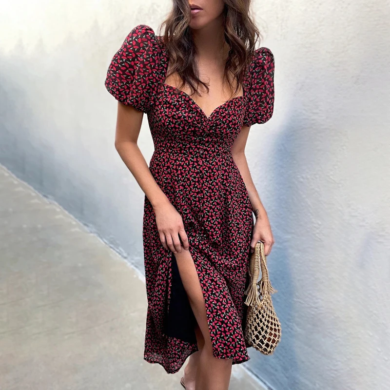 2021 Women Summer Midi Dress Puff Short Sleeve V Neck Vintage Floral Print French Style Sundress Sexy Slit Party Dresses
2021 Women Summer Midi Dress Puff Short Sleeve V Neck Vintage Floral Print French Style Sundress Sexy Slit Party Dresses