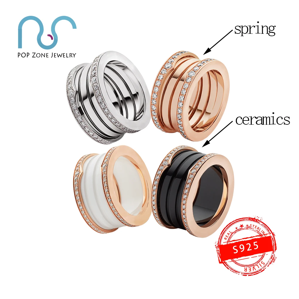 S925 Sterling Silver Rings Brand Black and White Ceramics Spring Double Side Drill Fashion Luxurious Lovers Man Unisex Rings New 
S925 Sterling Silver Rings Brand Black and White Ceramics Spring Double Side Drill Fashion Luxurious Lovers Man Unisex Rings New