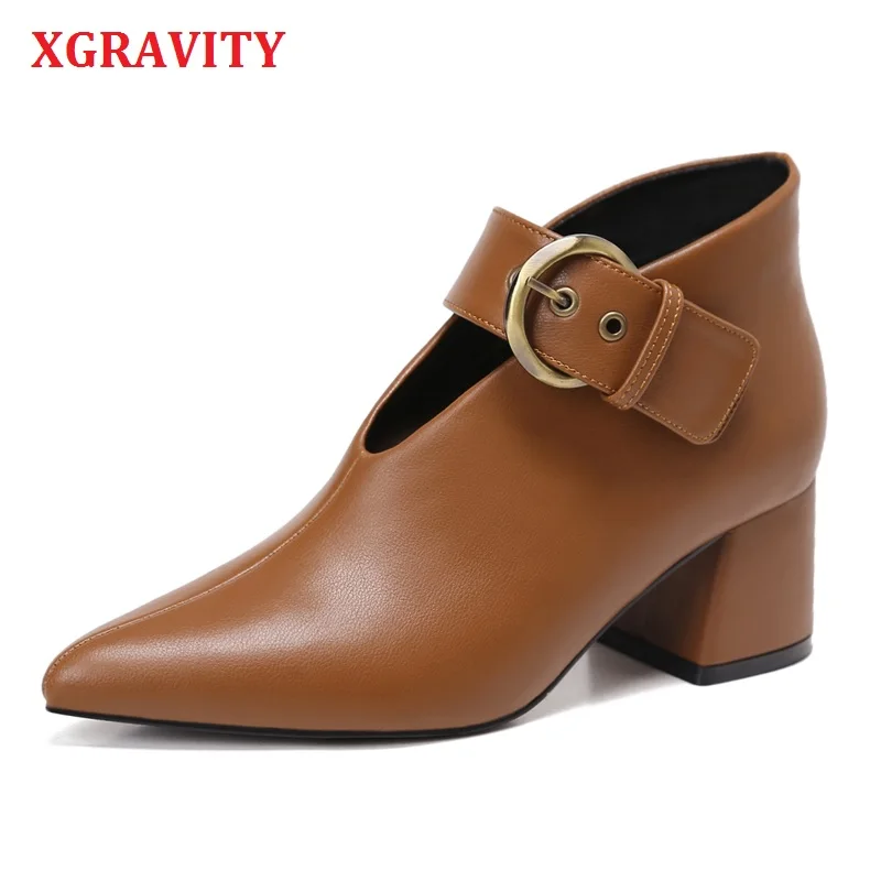 

XGRAVITY Pointed Toe Sexy V Cut High Heel Boots Elegant Snakeskin Women High Heeled Ladies Chunky Heel Ankle Boots Female Shoes