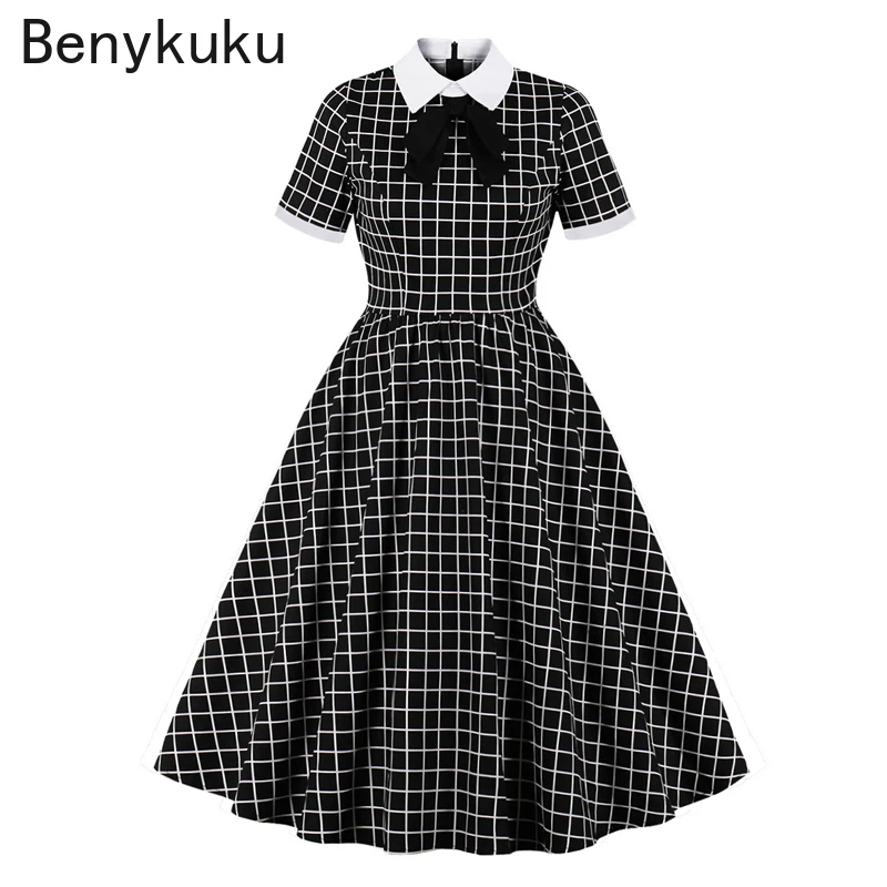 Bow Neck Turn Down Collar Vintage Pleated Dresses Short Sleeve Summer Clothing Women A Line Tunic Elegant High Waist Plaid Dress
Bow Neck Turn Down Collar Vintage Pleated Dresses Short Sleeve Summer Clothing Women A Line Tunic Elegant High Waist Plaid Dress
