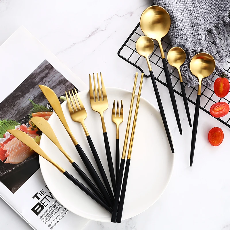 Black Gold Cutlery Set Steak Knife Fork Coffee Spoon Teaspoon Dessert Knife Ice Spoon Chopsticks Stainless Steel Dinnerware Set 
Black Gold Cutlery Set Steak Knife Fork Coffee Spoon Teaspoon Dessert Knife Ice Spoon Chopsticks Stainless Steel Dinnerware Set
