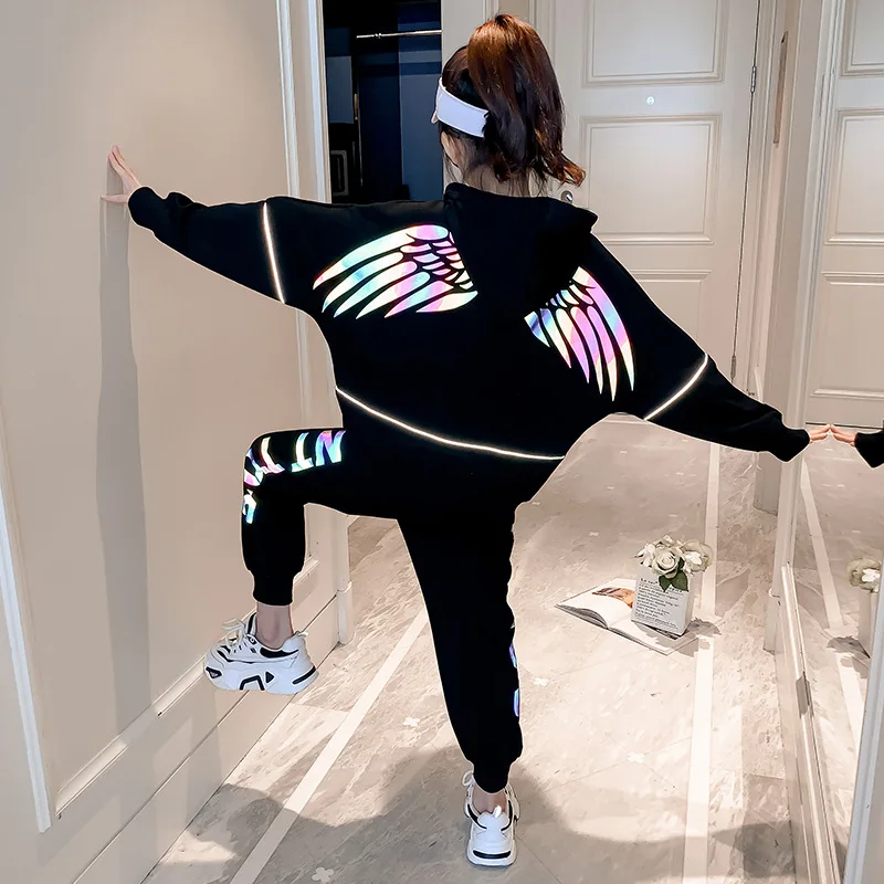 2021 teenager Autumn Children Girl Clothes Suit Reflective Wing Jacket hoodie + Pants 2Pcs tracksuit Kids 6 7 8 9 10 11 12 year | Мать и