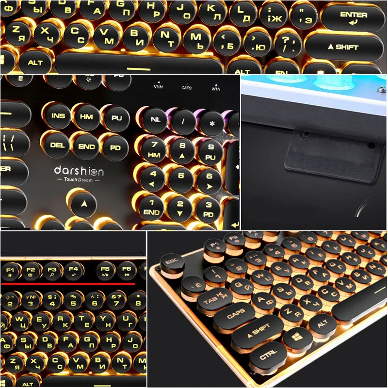 Gaming Russian Keyboard Retro Round Glowing Keycap Backlit USB Wired Metal Panel Illuminated Border Waterproof
Gaming Russian Keyboard Retro Round Glowing Keycap Backlit USB Wired Metal Panel Illuminated Border Waterproof
