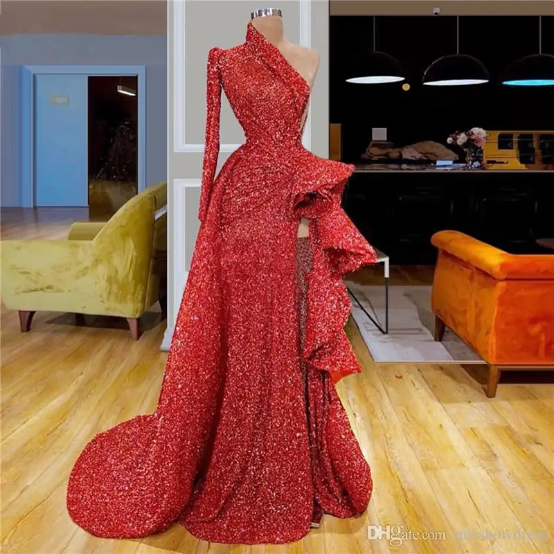 Sparkling Red One Shoulder Sequin High Split Prom Dresses 2020 Long Sleeve Ruffles Ruched Sweep Train Formal Party Evening Gowns
Sparkling Red One Shoulder Sequin High Split Prom Dresses 2020 Long Sleeve Ruffles Ruched Sweep Train Formal Party Evening Gowns