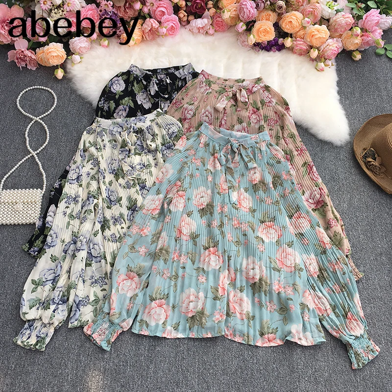 Рубашка с воротником-стойкой и рукавами-фонариками, демисезонная плиссированная Свободная рубашка с бантом и цветочным принтом, 2021 
Рубашка с воротником-стойкой и рукавами-фонариками, демисезонная плиссированная Свободная рубашка с бантом и цветочным принтом, 2021