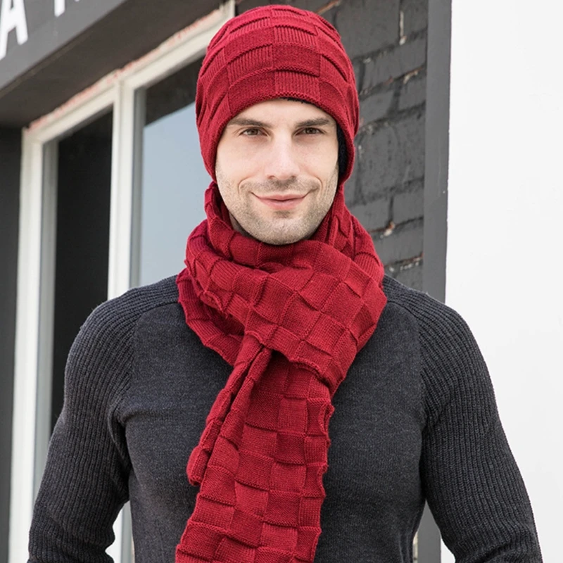 Men Winter 3Pcs Beanie Hat Long Scarf Touch Screen Gloves Set Solid Color Plaid Knit Plush Lined Skull Cap Neck Warmer 
Men Winter 3Pcs Beanie Hat Long Scarf Touch Screen Gloves Set Solid Color Plaid Knit Plush Lined Skull Cap Neck Warmer