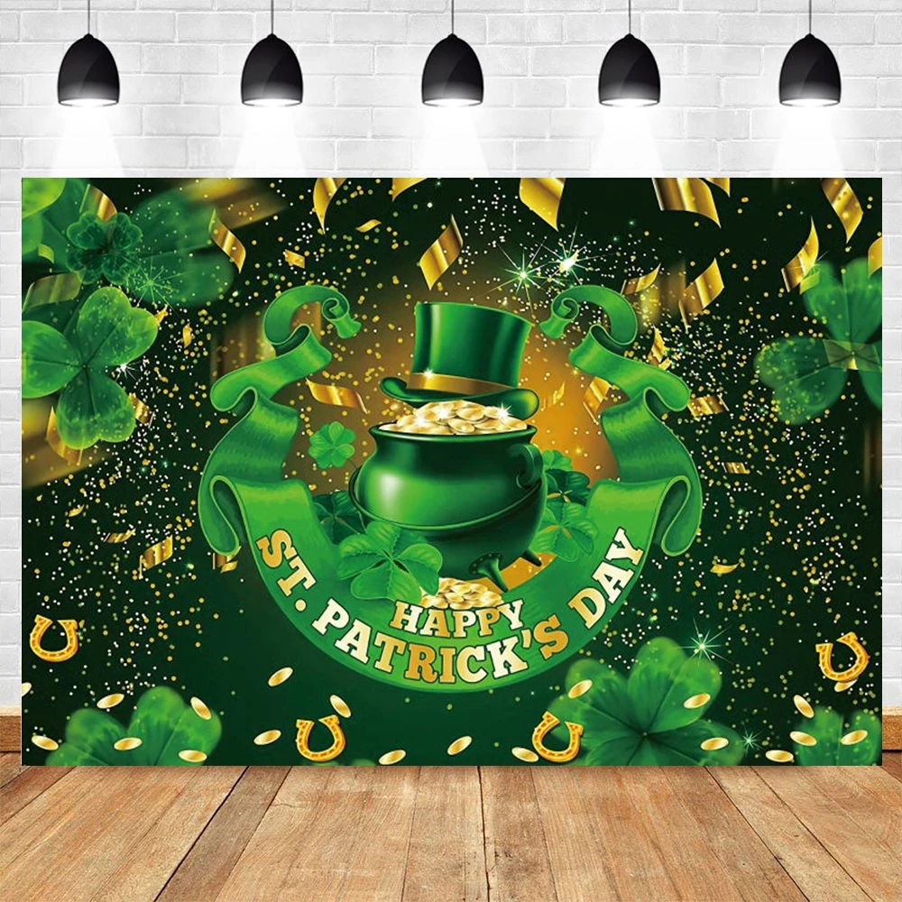 

Happy St Patricks Day Lucky Backdrop Photographic Green Shamrock Hat Clover Glitter Gold Dot Background Photography Photo Studio