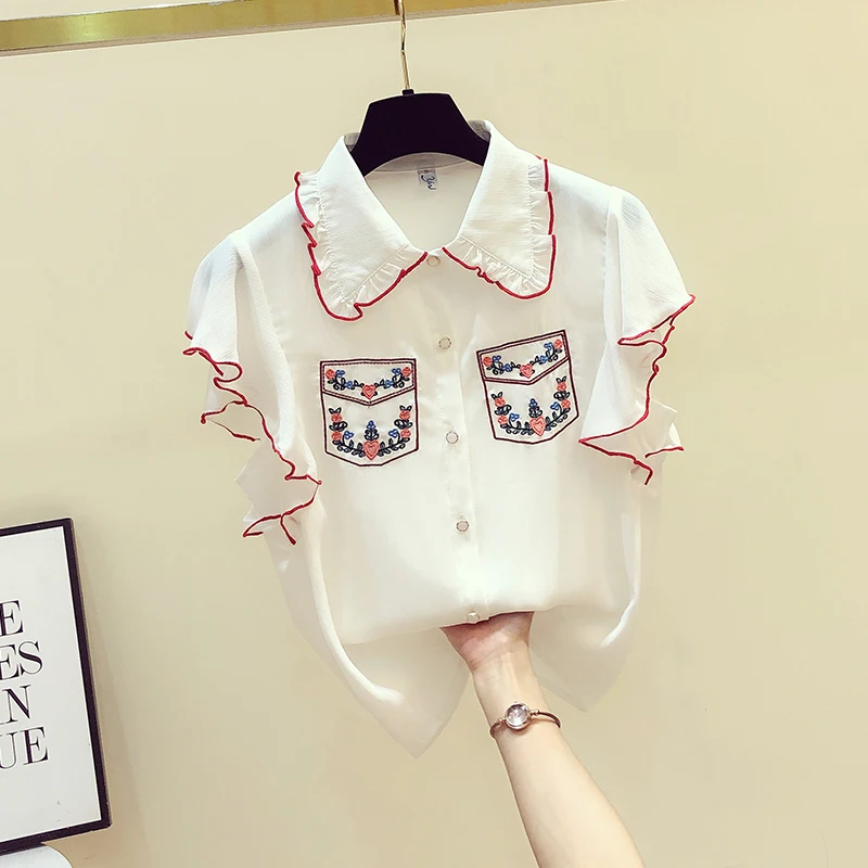 

2021 Summer Women Turn Down Collar Shirt Chiffon Blouse Ruffles Short Sleeve Shirts Tops Ladies All-match Blouuse Blusas A3280