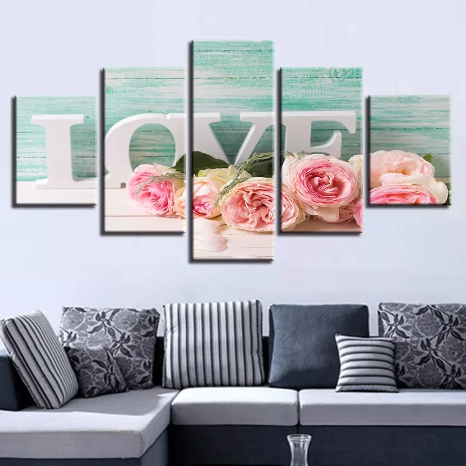 

Wall Art Canvas Paintings 5 Pieces Letters Love And Pink Roses Painting Romantic Modular Decor For Living Room Decoration