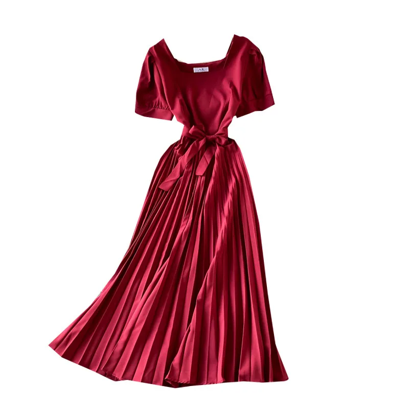 neck dress with tie waist pleated with bubble sleeves for slim fit solid medium long with short sleeves
neck dress with tie waist pleated with bubble sleeves for slim fit solid medium long with short sleeves
