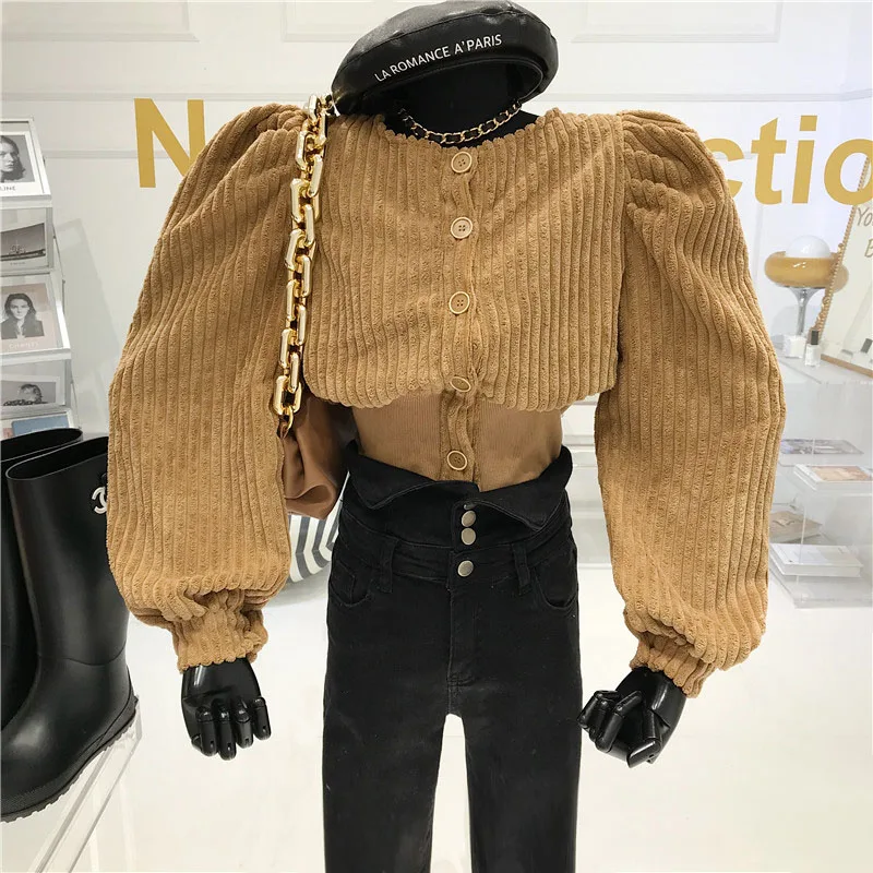 Puff sleeve Single-breasted O-neck Corduroy Jacket Shirts&Blouse Women 2021 Spring Fall INS Fashion Retro Slim Short Crop Tops
Puff sleeve Single-breasted O-neck Corduroy Jacket Shirts&Blouse Women 2021 Spring Fall INS Fashion Retro Slim Short Crop Tops