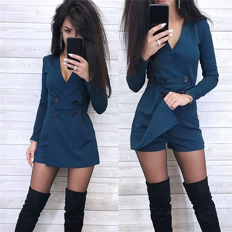 Однотонный женский комбинезон с V-образным вырезом и длинным рукавом, с разрезом спереди, двубортный короткий комбинезон с широкими штанинами, женский летний облегающий повседневный комбинезон
Однотонный женский комбинезон с V-образным вырезом и длинным рукавом, с разрезом спереди, двубортный короткий комбинезон с широкими штанинами, женский летний облегающий повседневный комбинезон