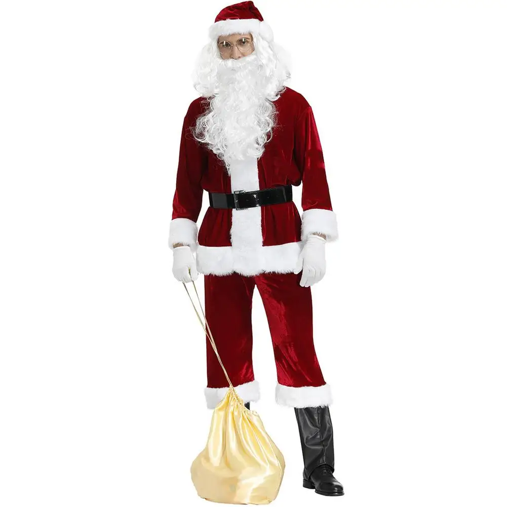 

9 в 1 взрослый Рождественский костюм Санта-Клауса, мягкий мужской костюм Санта-Клауса, роскошный костюм с бородой для женщин и мужчин, Женски...