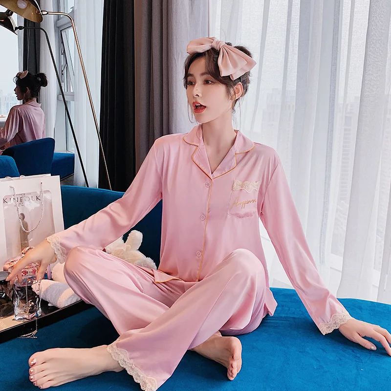 Satin Lace Patchwork Women Pajamas Suit Long Sleeve 2PCS Pajamas Suit Casual Nightwear Spring New Pyjamas Home Clothing
Satin Lace Patchwork Women Pajamas Suit Long Sleeve 2PCS Pajamas Suit Casual Nightwear Spring New Pyjamas Home Clothing